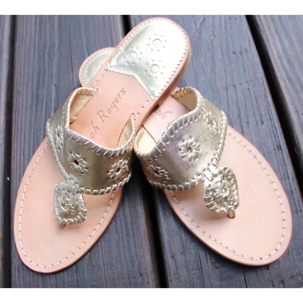 Jack Rogers Leather Flat Sandal Preowned 8.5 Platinum Gold